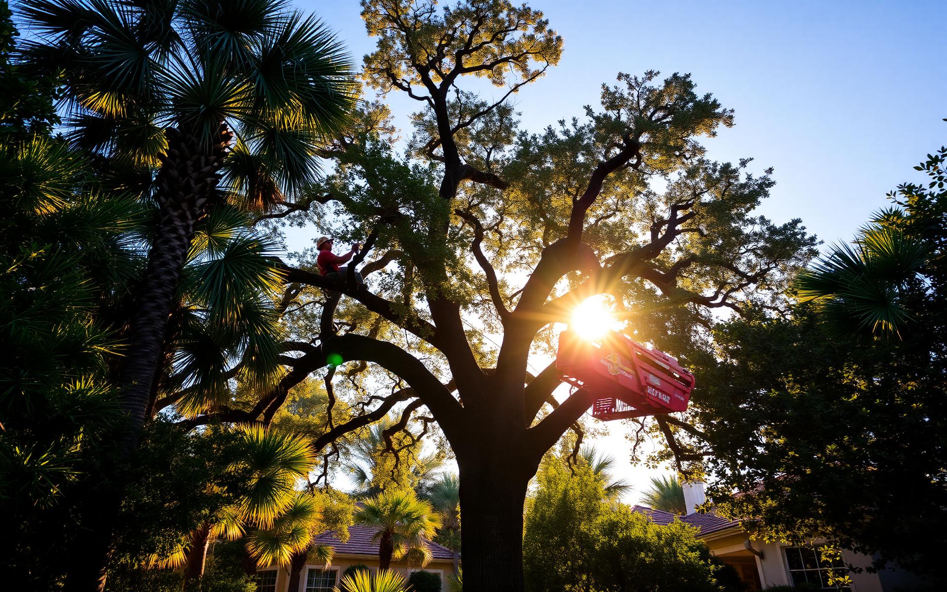 Tree service crew trimming a large oak in Central Florida